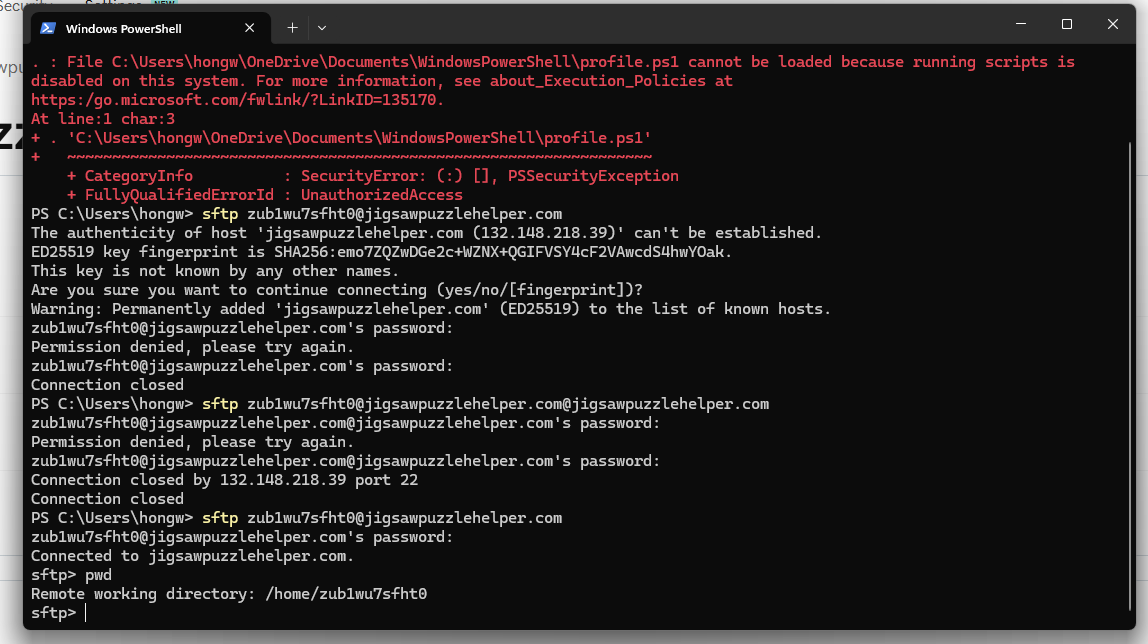 FTP connection setup interface showing server configuration options and file transfer status in VS Code editor environment